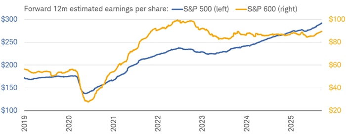 Forward 12-month earnings per share estimates have risen to new highs for the S&P 500 this year; but that isn't the case for the S&P 600.