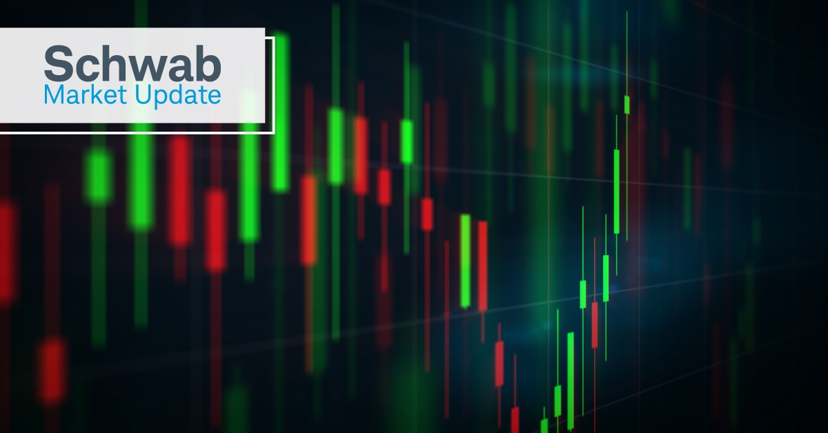 Schwab Market Update: Stock chart with green and red bars.