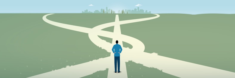 An illustration of a person standing at a crossroads with multiple winding paths.