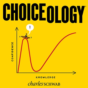 Choiceology, line graph with x axis labeled confidence, y axis labeled knowledge, Charles Schwab