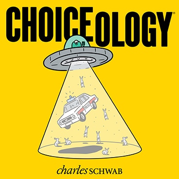 Illustration of UFO, text: Choiceology Charles Schwab