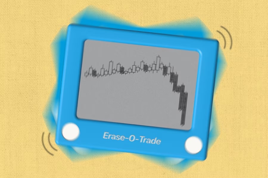Etch-a-Sketch labeled "Erase-O-Trade" showing a drawing of a stock rising and then dramatically falling.