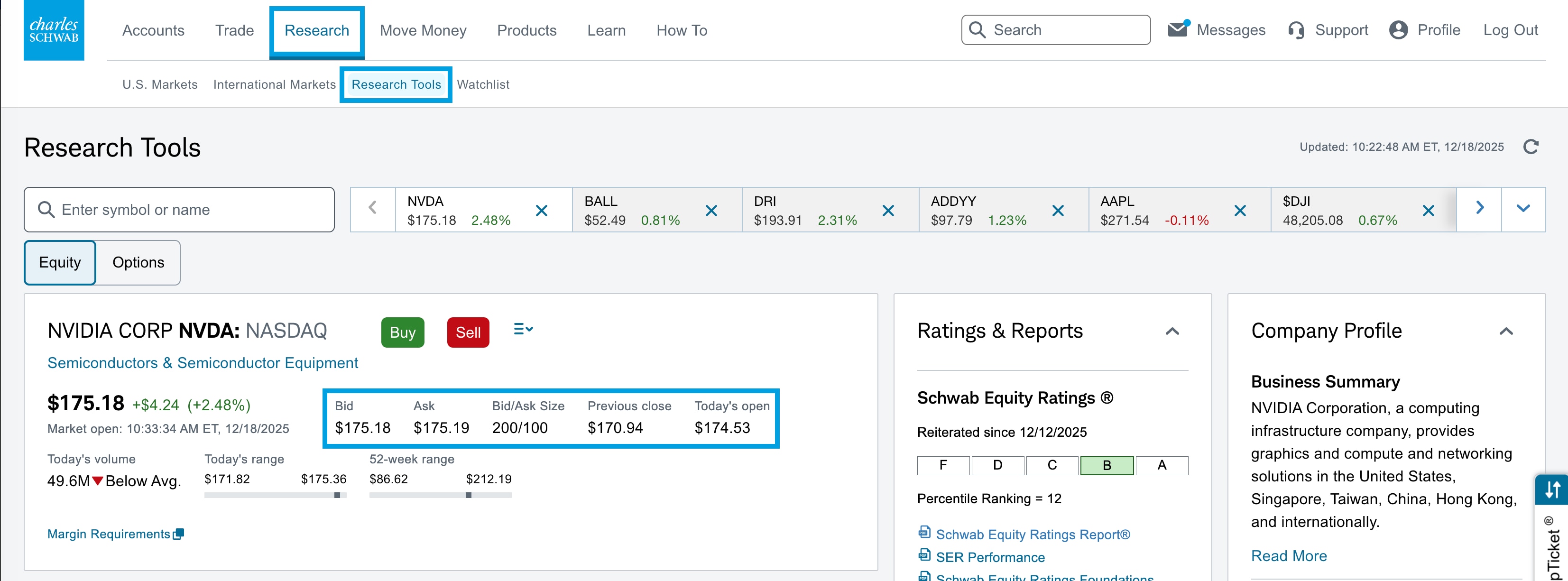 Select the Research tab, then Research Tools to view basic information about a stock quote, such as the bid/ask price, range, ratings, company profile, and more. 