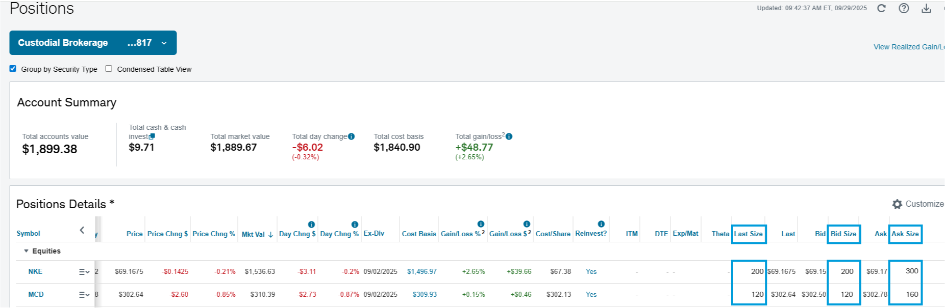 An image showing the display changes to bid, ask, and last sizes on the positions subtab on Schwab.com