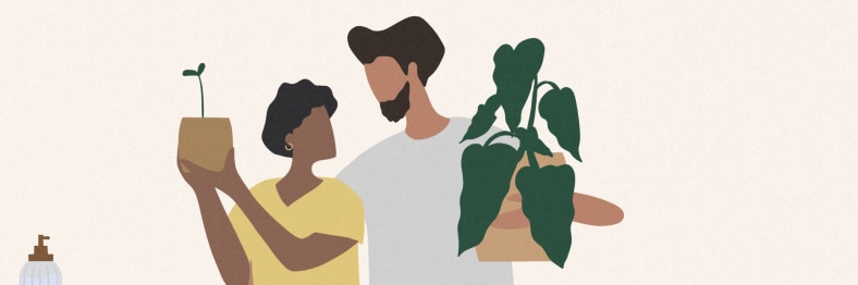 An illustration of two people each holding a potted plant.