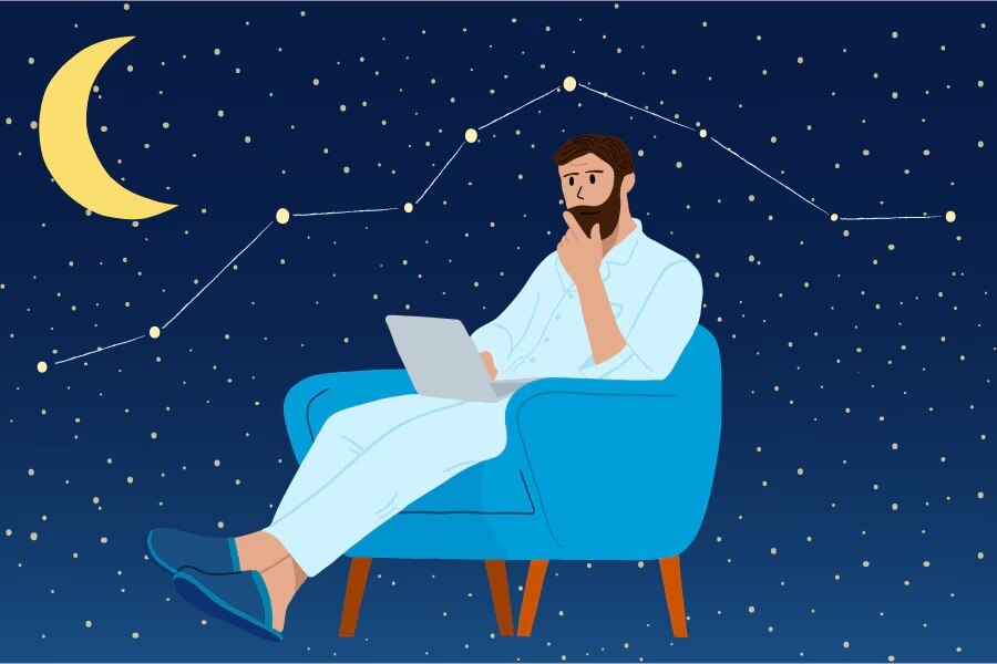 Man sitting in a chair with a computer and a stock chart that looks like a constellation is above him in the night sky.