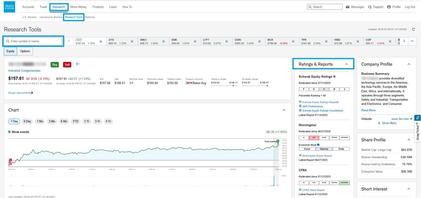 A screenshot showing that Ratings & Reports appear to the right of the price chart on Schwab.com. From there, clients can access research reports from several different services.