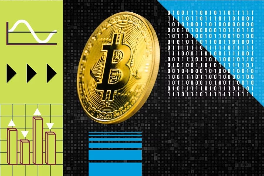 A bitcoin amid charts, graphs, and binary code