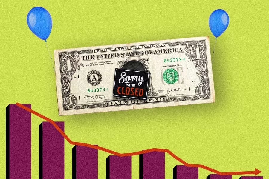 Dollar bill with the words sorry we're closed floating, by way of balloon, over a descending stock chart.
