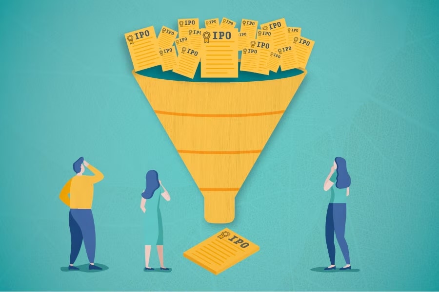 People looking at a funnel of IPO paperwork, with one filtered out the bottom.