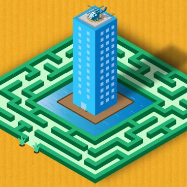 An office building surrounded by a water-filled moat and a maze.