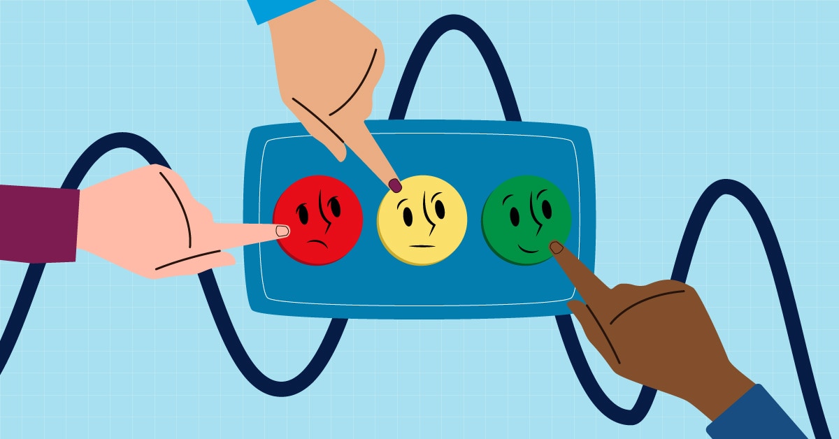 Cartoon fingers point to a red "sad" face, green "happy" face, and yellow "neutral" face. A line graph, meant to emulate a stock chart, oscillates in the background.
