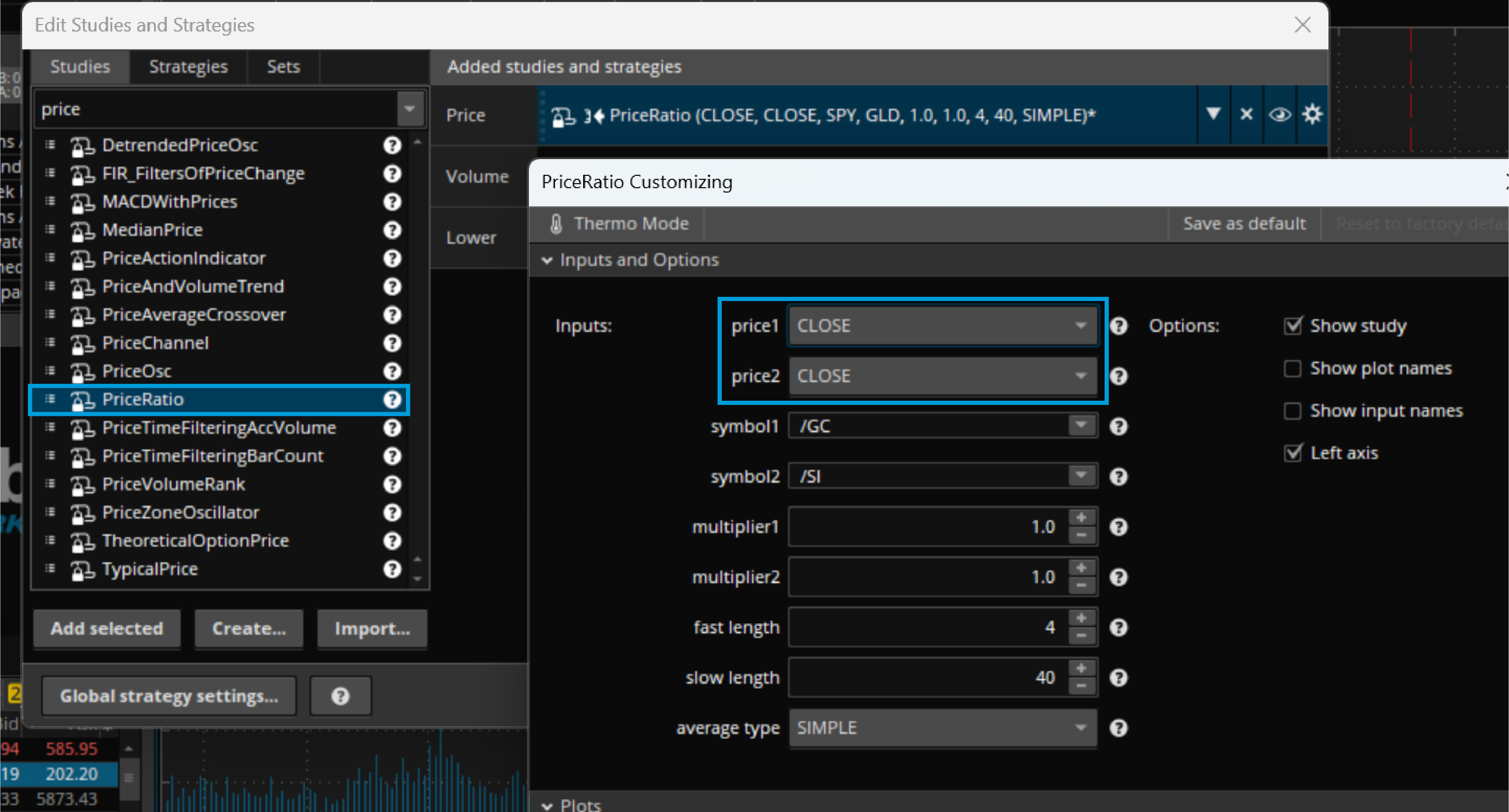 Screenshot shows how to add the gold/silver ratio using the thinkorswim platform. From Charts, then Studies, search for PriceRatio and select Lower. From the Inputs menu, add /GC (gold futures, continuous expiration) in the symbol1 field and /SI (silver futures, continuous expiration) in the symbol2 field.